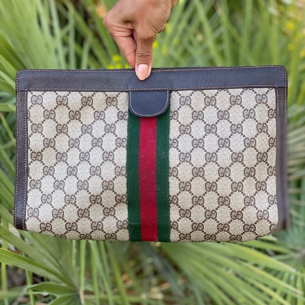 Vintage Gucci GG PVC Clutch Bag leather trim